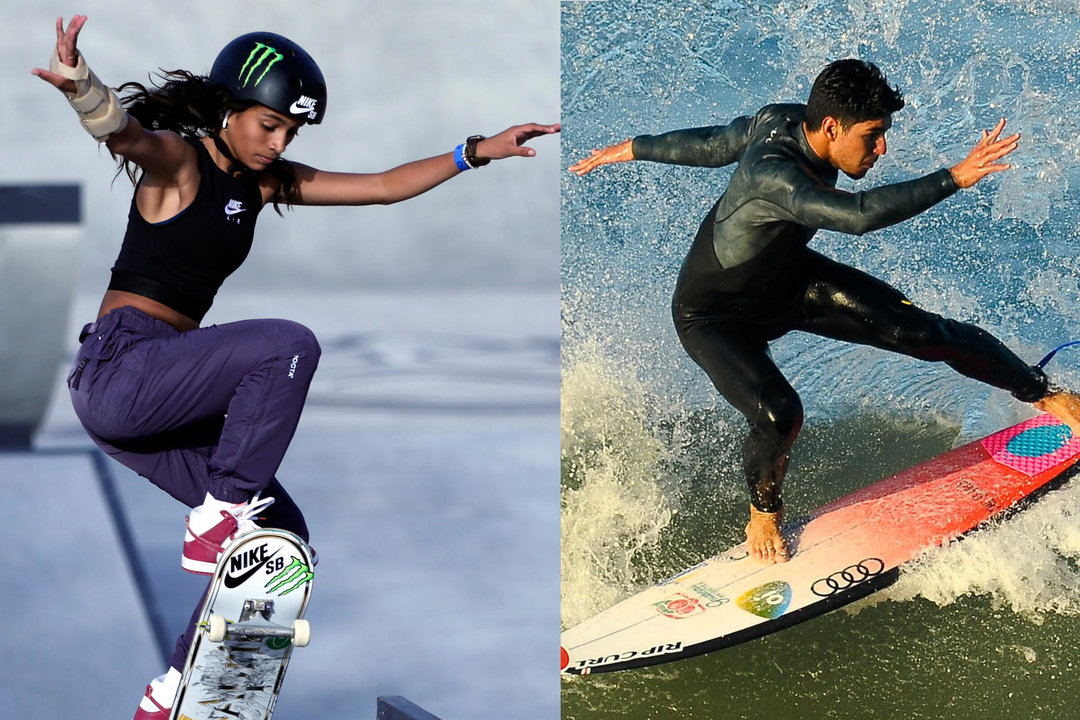 Combo de fotografías de los deportistas brasileños Rayssa Leal y el surfista Gabriel Medina. Brasil apuesta por los nuevos deportes del menú olímpico, en especial el surf y el skateboard, para tratar de batir el récord de 21 medallas conseguido por el país en los Juegos Olímpicos de Tokio, siete de ellas de oro. EFE/ Ali Haider/Carlos Barroso