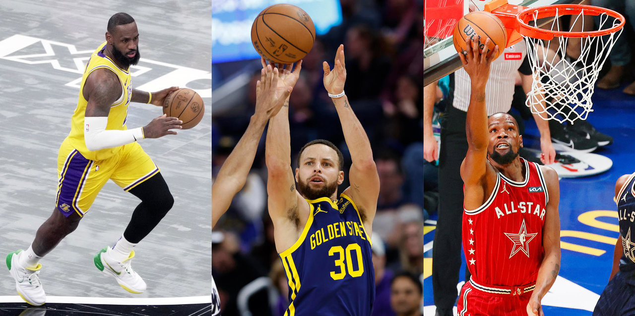 Combo de tres fotografías donde aparecen los basquetbolistas estadounidenses Lebron James (i), Stephen Curry (c) y Kevin Durant. James, Curry y Durant liderarán a la todopoderosa selección masculina de baloncesto de Estados Unidos para los Juegos Olímpicos de París 2024. EFE