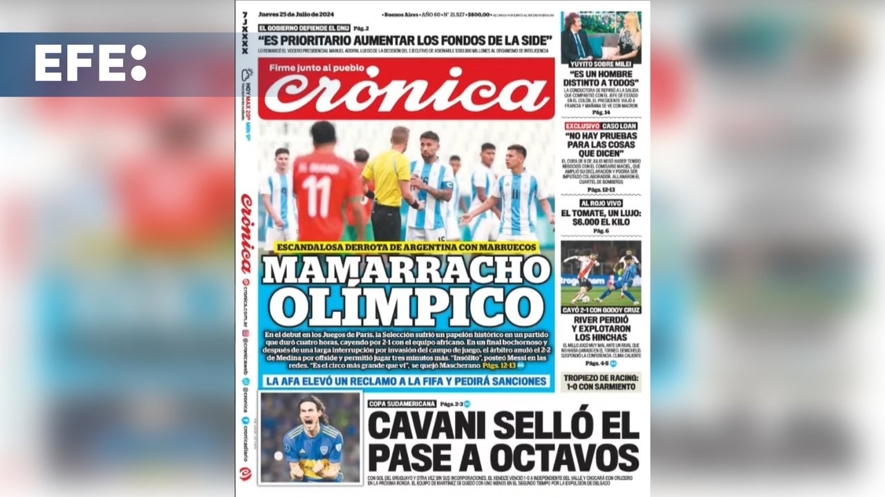 La indignación por el caótico final del partido que la selección sub-23 argentina de fútbol perdió ante Marruecos en su debut en París 2024 copó este jueves las portadas de los principales periódicos del país, que se refirieron al episodio como un "escándalo olímpico", un "bochorno" y un "mamarracho". T:01.17