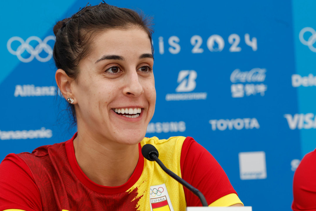 Carolina Marín, jugadora del equipo olímpico español de badminton, en una rueda de prensa de cara a su participación en los Juegos Olímpicos de París 2024. EFE/ Chema Moya