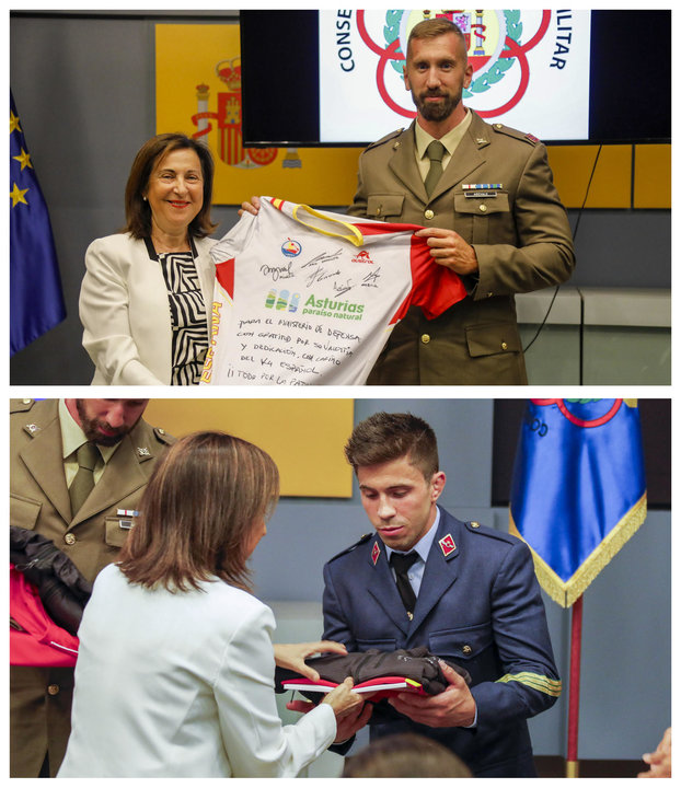 Combo de fotografías del pasado 19 de junio, Margarita Robles, Ministra de Defensa, recibió a Fran Garrigós (abajo) y a Carlos Arévalo (arriba), en plena fase final de entrenamientos, y les deseó suerte justo antes de los Juegos Olímpicos. EFE/Ministerio de Defensa