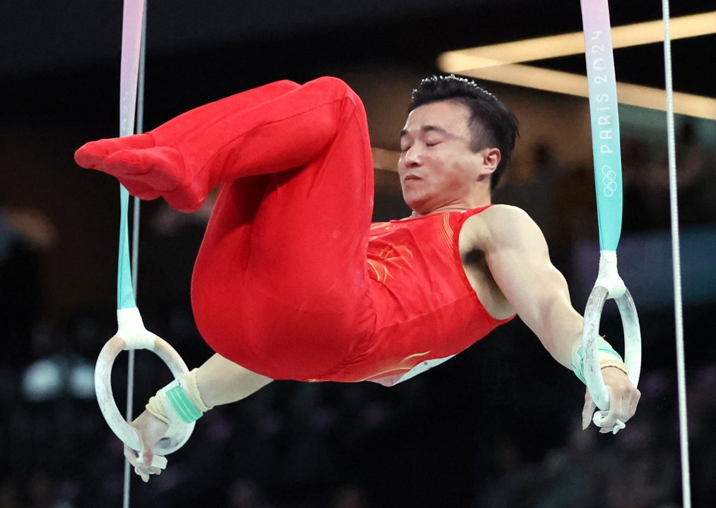 El gimnasta chino Yang Liu en su ejercicio de anillas.EFE/EPA/YAHYA ARHAB